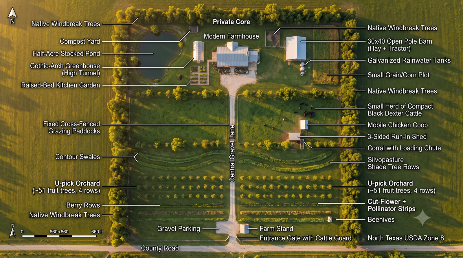 Master site plan — 660 × 660 ft, north up. Three bands from the county road (south) to the back (north): a public front with parking, farm stand, U-pick orchard, and berries; a fenced cattle grazing + silvopasture middle with handling pen and hay stockpile; and a private core with the set-back house, half-acre pond, greenhouse and shop. Native windbreak on the north, east and west edges; a central lane from the road gate to the house.