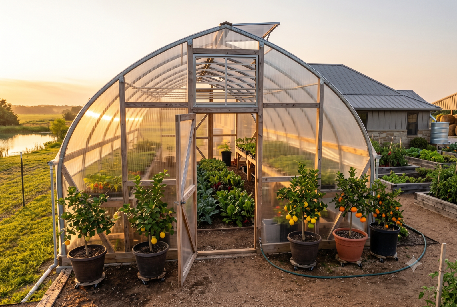 Gothic high tunnel with potted citrus and winter greens at golden hour