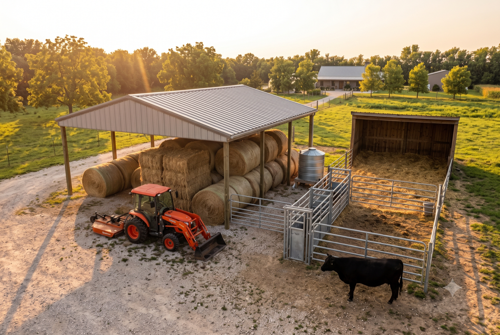 Open pole barn with hay and tractor beside a steel corral and run-in shed