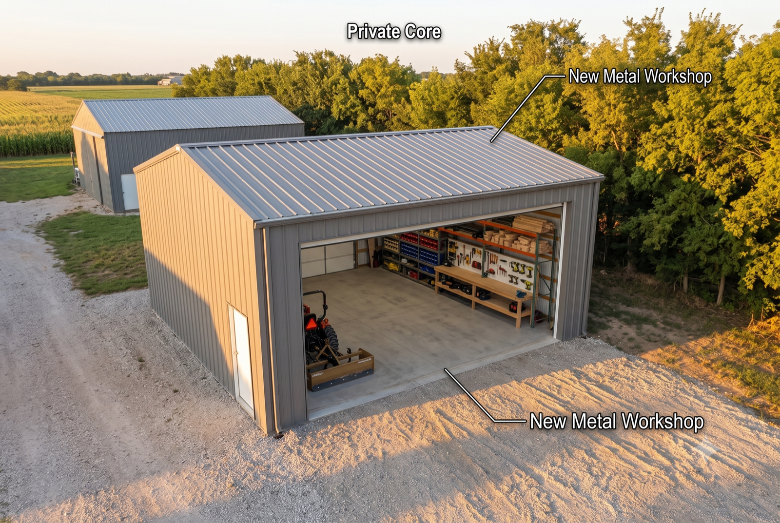 Metal workshop with roll-up door, workbench and racked lumber