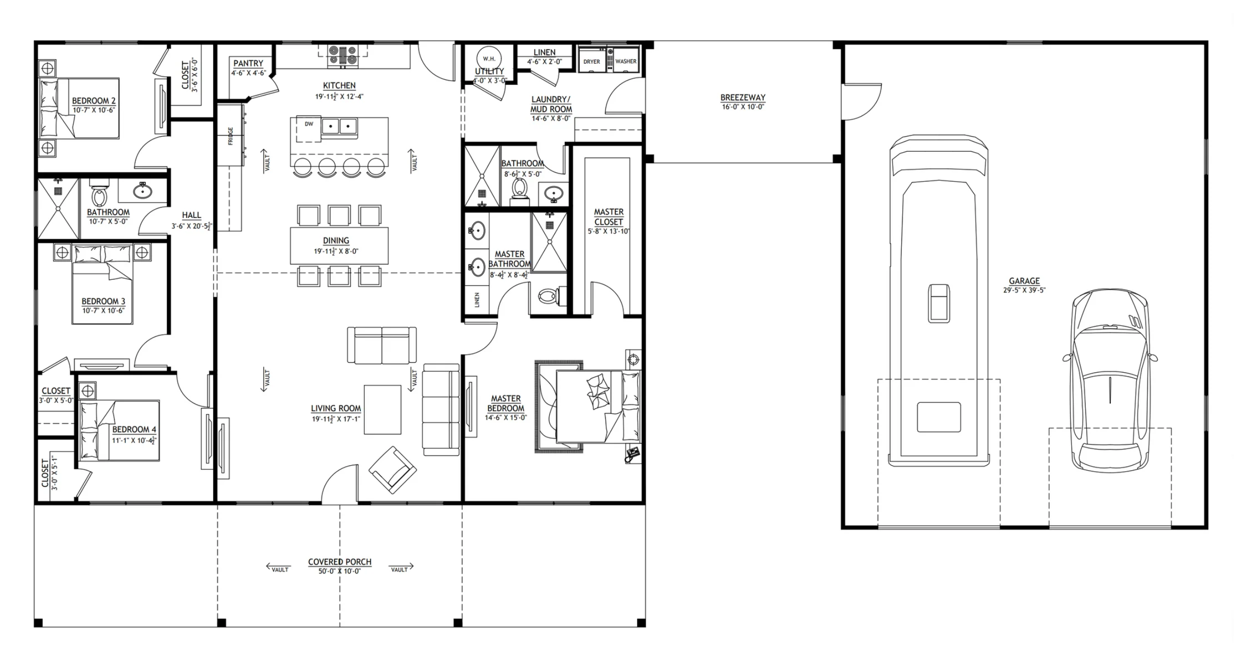 LP-2804-C Caitlyn floor plan — single-story with 4 bedrooms and 3 baths around an open kitchen, dining and living, a master suite with walk-in closet, a laundry/mud room, a 50x10 covered porch across the front, and a breezeway to a 29x39 garage