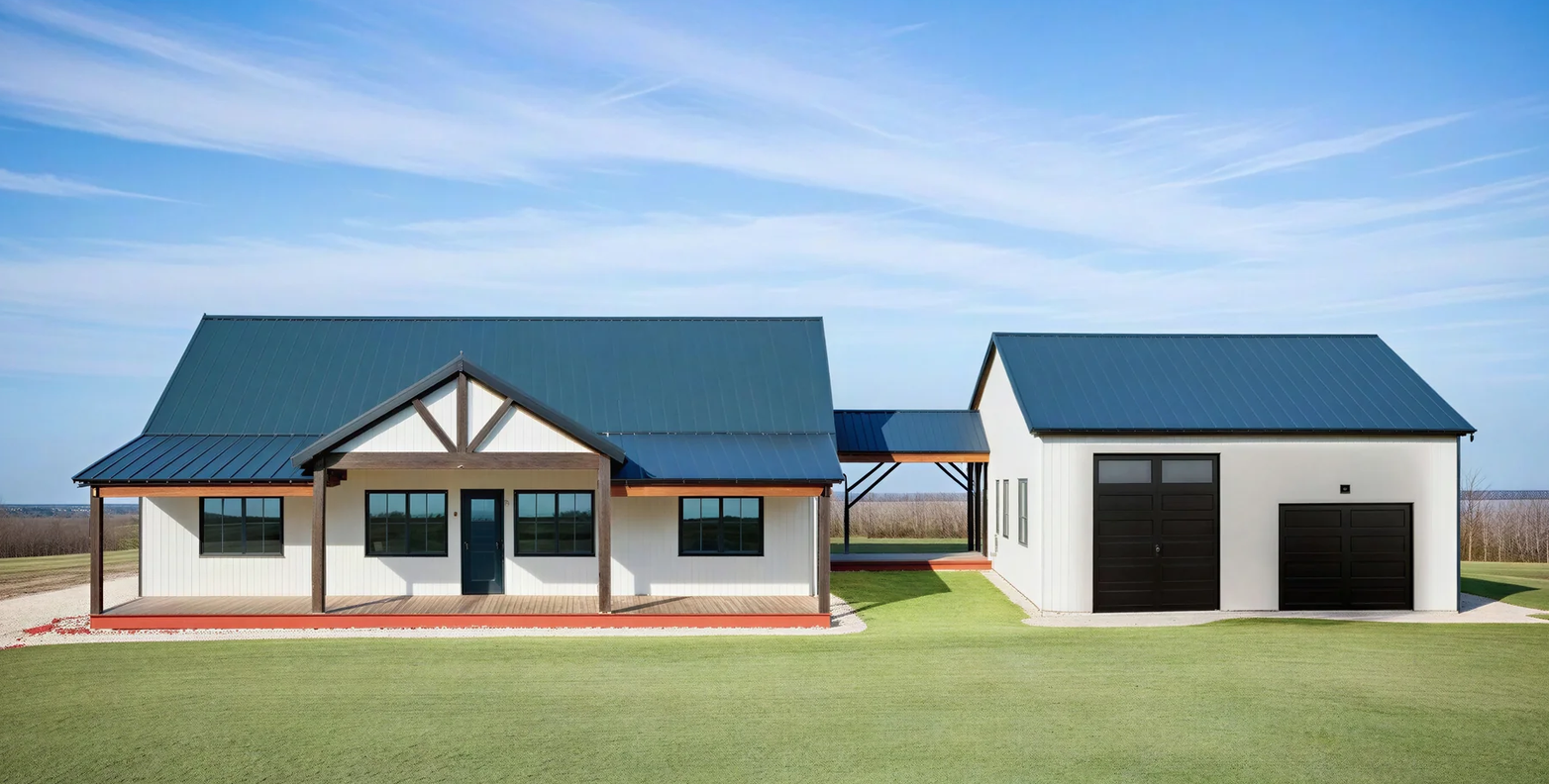 LP-2804-C Caitlyn barndominium front elevation — white board-and-batten home with a dark standing-seam metal roof, a gabled covered front porch on timber posts, and a breezeway to a matching metal garage/shop